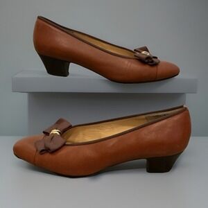 Vintage Raspini Leather Pumps Bow Accent Heel Brown Classic Shoes 24 EE sz 7 US